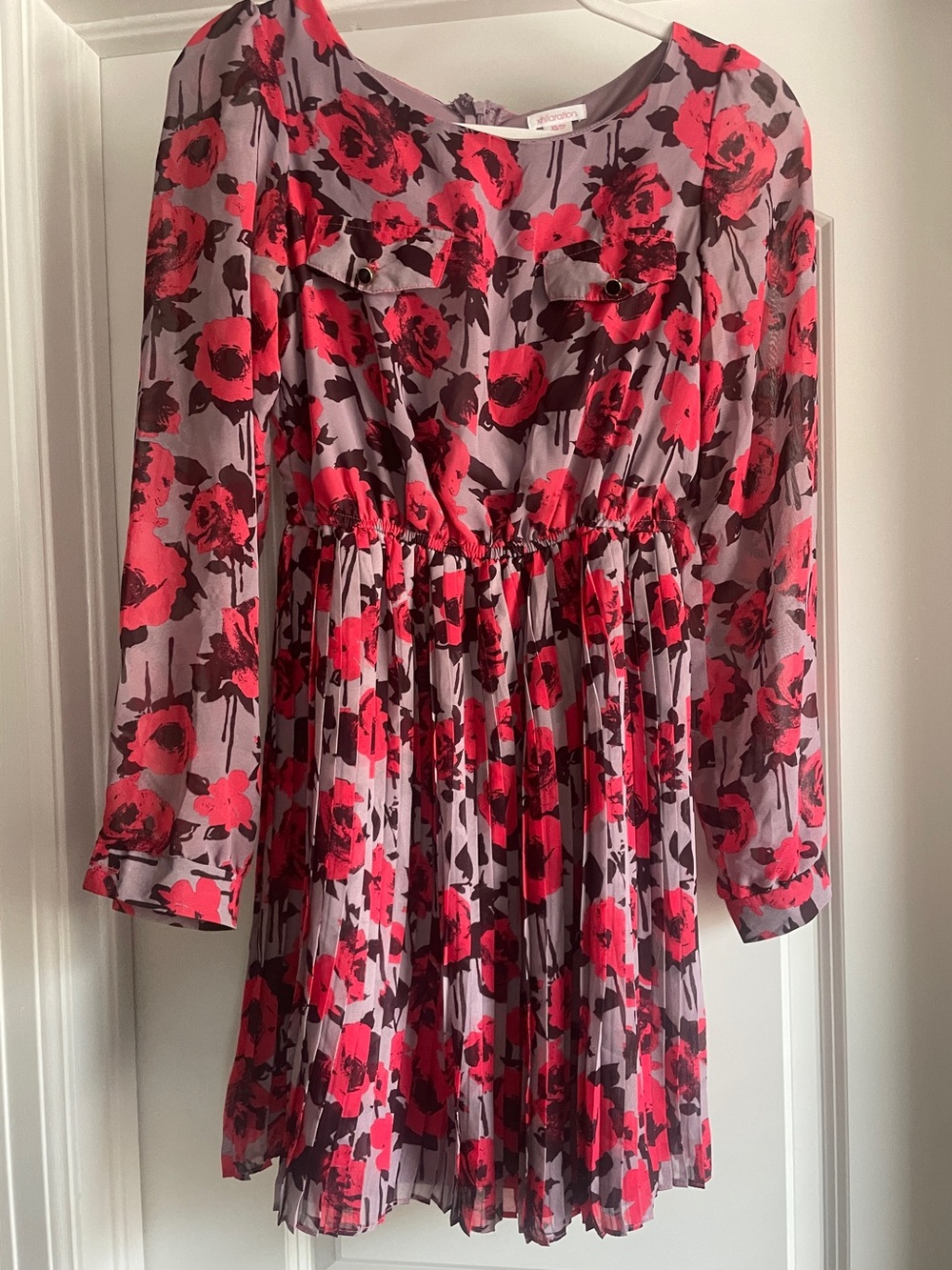 Xhilaration Mauve Floral Cinched Waist Dress Long Sleeve Button Detail Size XS